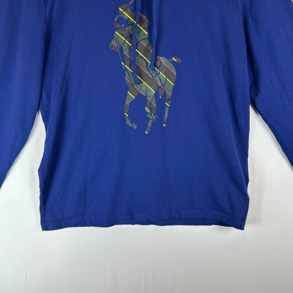 Polo Ralph Lauren Mens Blue Striped‎ Big Pony Graphic Hooded Long Sleeve Tee S
